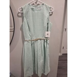 Calvin Klein Dress Womens 8 Mint Green Eyelet Fit & Flare Sleeveless Lined